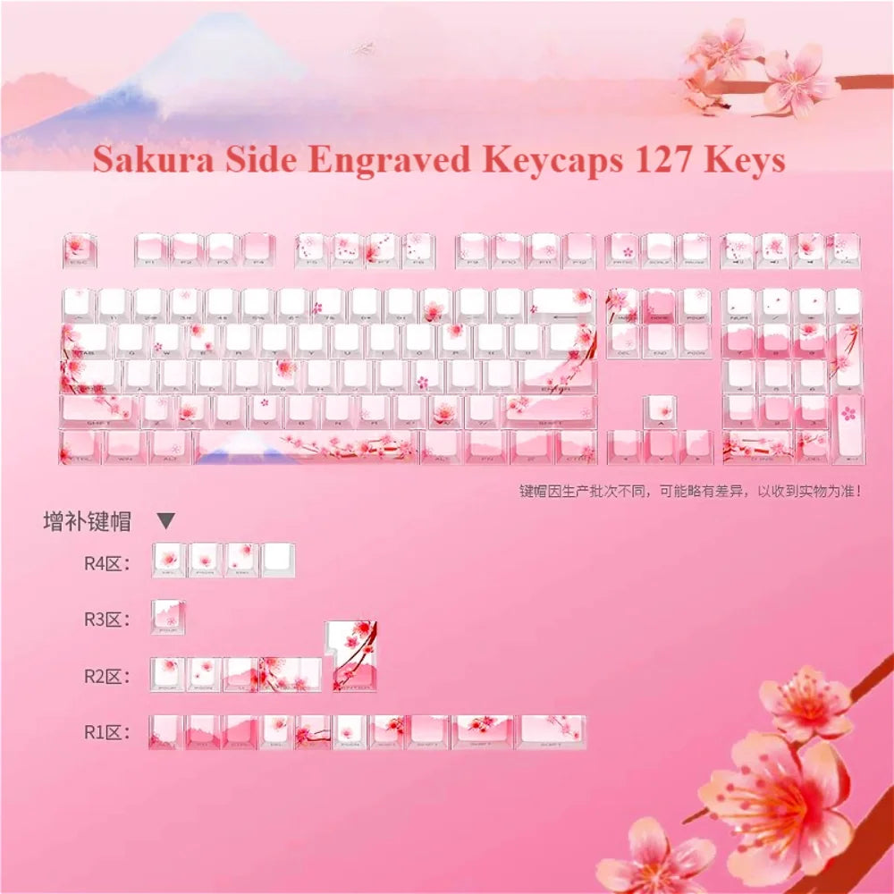Pink Cherry Blossom Keycap with Side Engraved Translucent PBT 127 Keys Compatible with MX Mechanical Keyboard 61 75 86 104 108