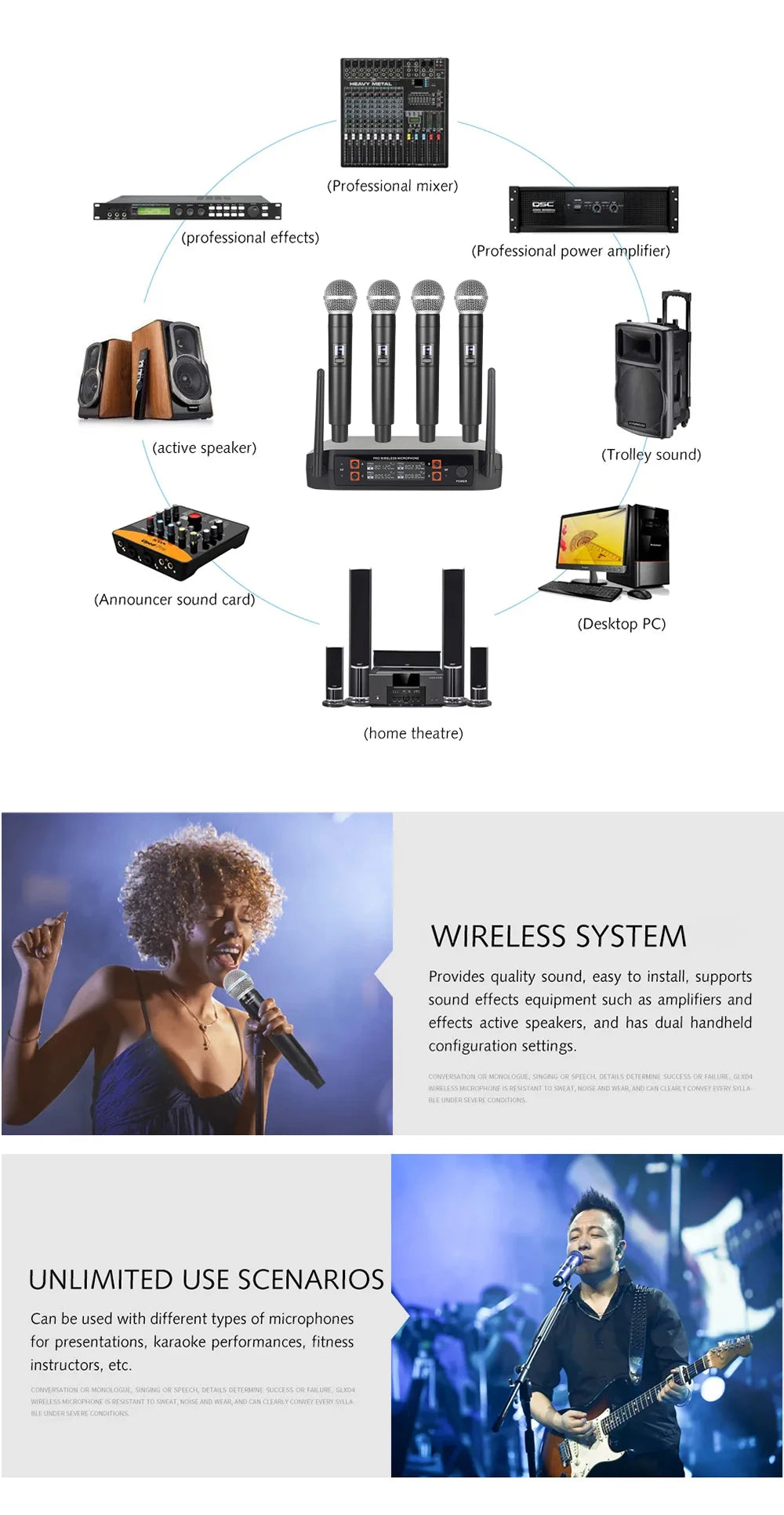 Wireless Microphone Handheld 4 Channel UHF Fixed Frequency Dynamic Microphone For Karaoke Wedding Party Band Church Performance
