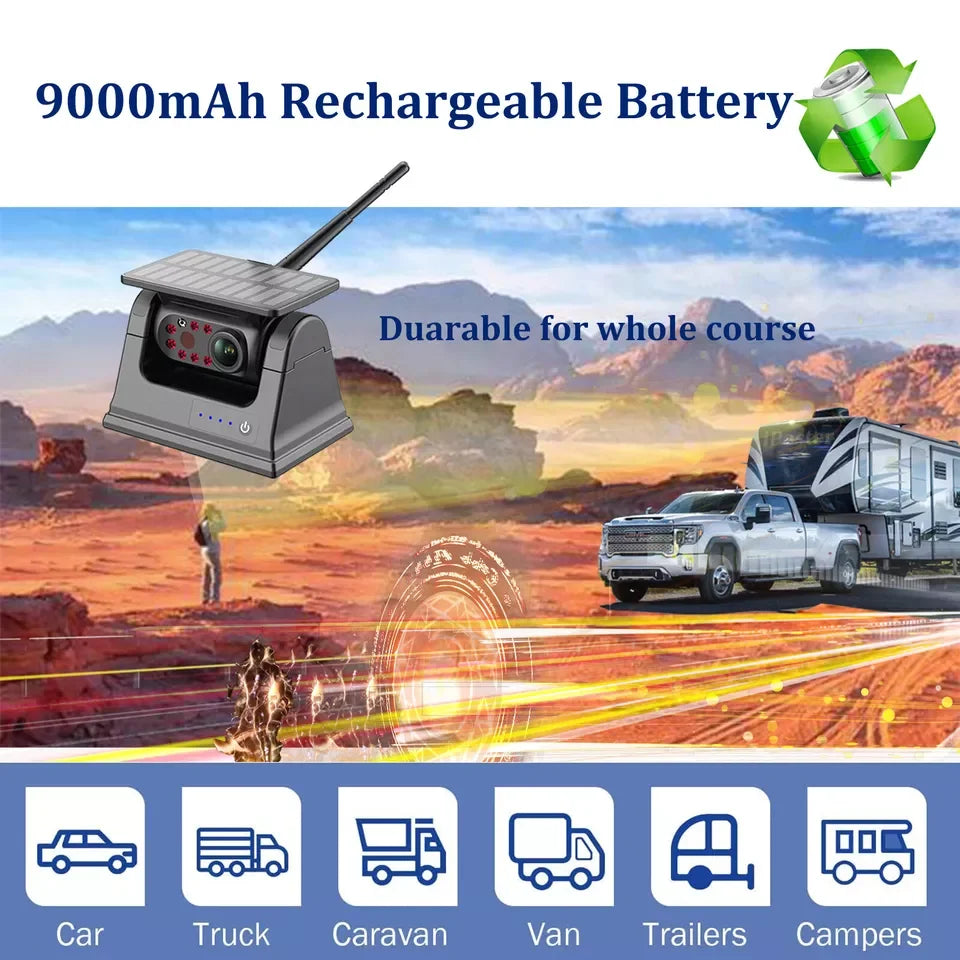 IPoster 10.1in Digital Wireless Quad View IPS Monitor Backup Reversing Magnetic Solar Rechargeable 9000mah Battery Camera Kit