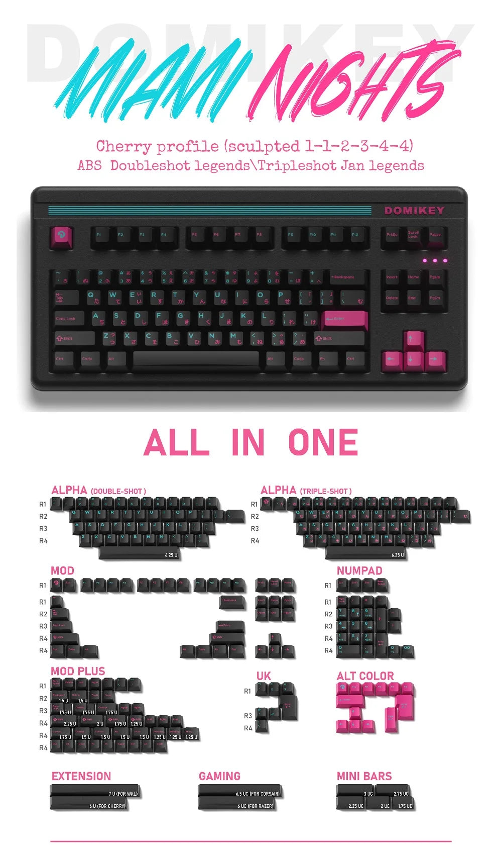 Domikey Miami Night Cherry Profile abs doubleshot keycap for mx keyboard poker 87 104 gh60 xd64 xd68 xd84 BM60 BM65 BM68 BM80
