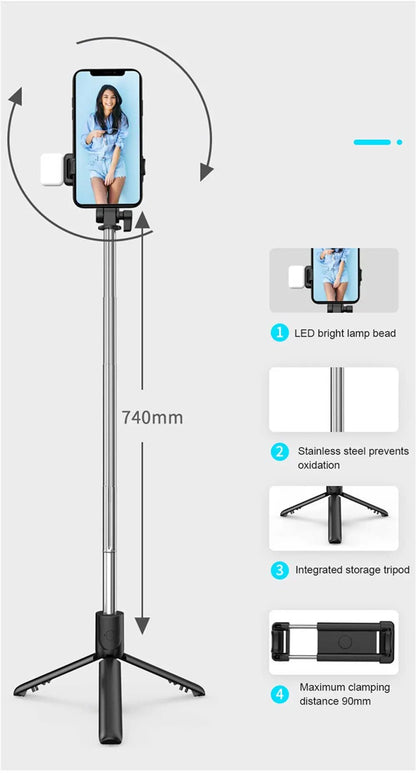 Portable Bluetooth Selfie Stick Tripod Holder with Remote Shutter Fill Light Extendable Wireless Remote Retractable Phone Stand