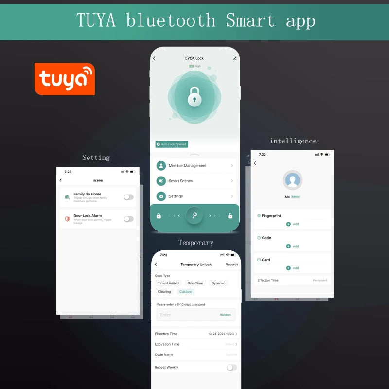 Tuya APP Fingerprint Lock Bluetooth Smart Glass Door Biometric Electronic Control Door Lock 13.56Mhz RFID Remote Unlock