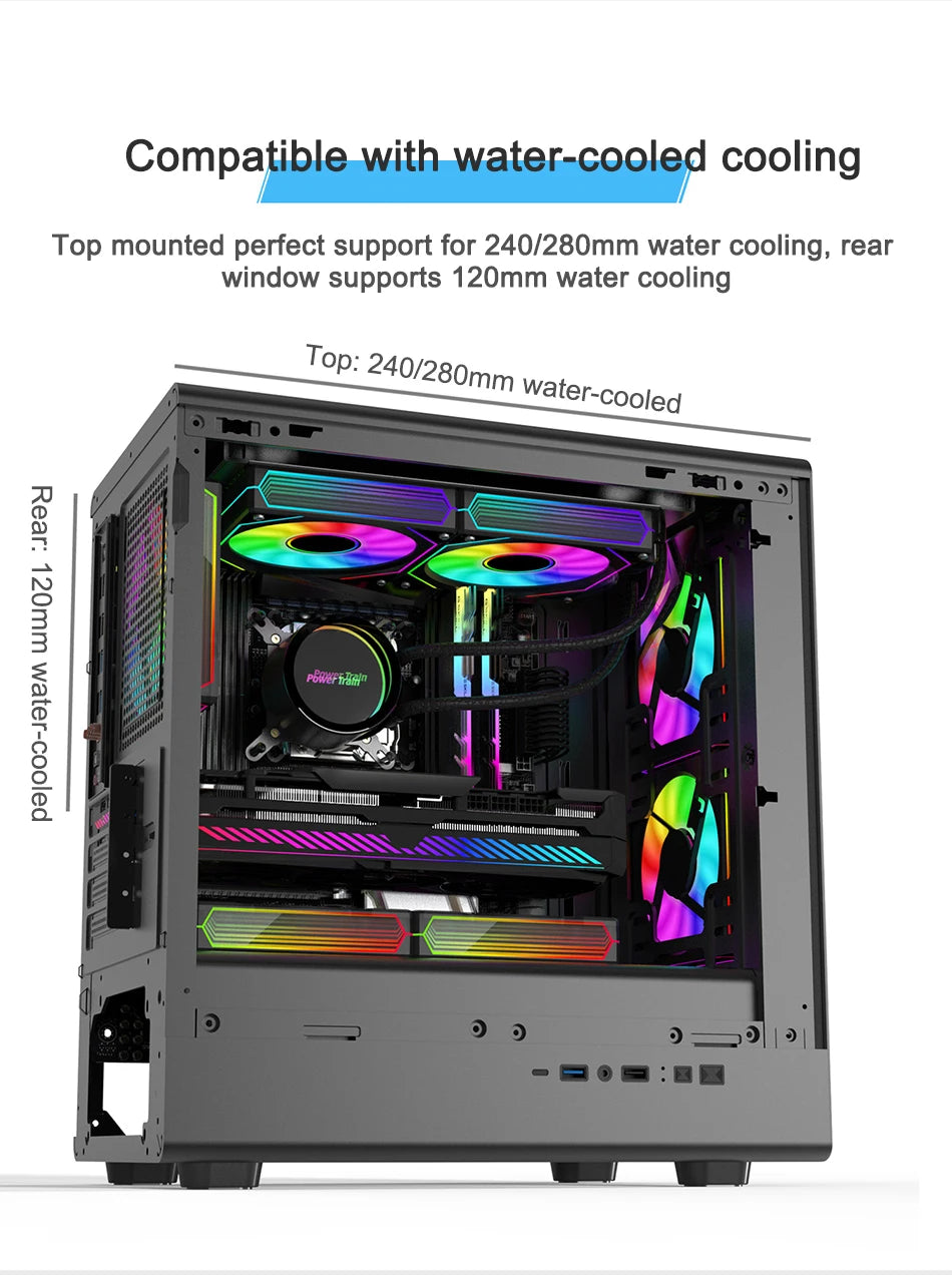 Power Train V1 MATX ITX Chassis Desktop Computer Side Transparent Glass Vertical Host Support 240/280 Water Cooling PC Case
