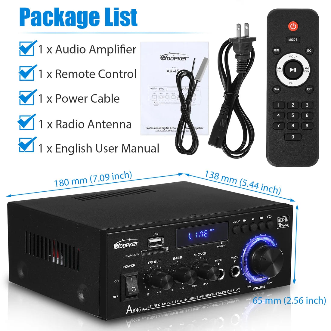 Woopker AK35/AK45/AK45 Pro/AK55 Digital Amplifier Bluetooth Sound Amplifier 2 Channel HIFi FM USB Audio Amp For Home Car Karaoke