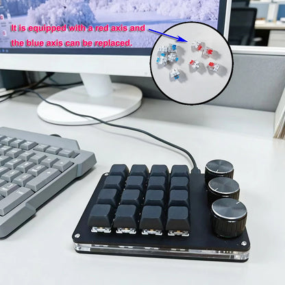 Customizable Mini Keyboard with 3 Rotary Knobs + 16 Keys Multi-Layer Mode Office Design Media Entertainment Financial Work