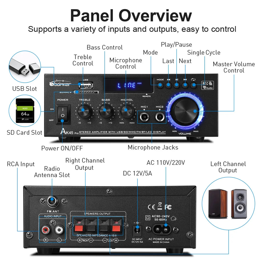 Woopker AK35/AK45/AK45 Pro/AK55 Digital Amplifier Bluetooth Sound Amplifier 2 Channel HIFi FM USB Audio Amp For Home Car Karaoke