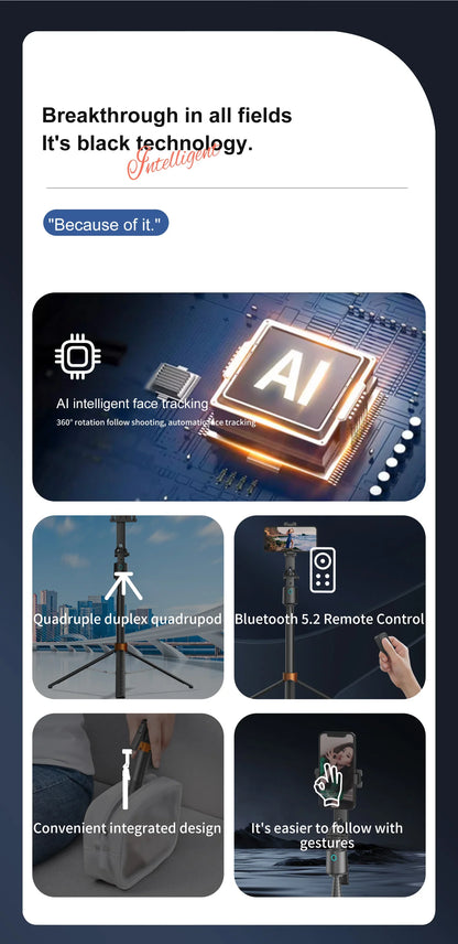180cm/71in Tall Foldable Tripod, Auto Face Tracking Gimbal Bluetooth Remote Control Selfie Stick, Mobile Phone Bracket for Video