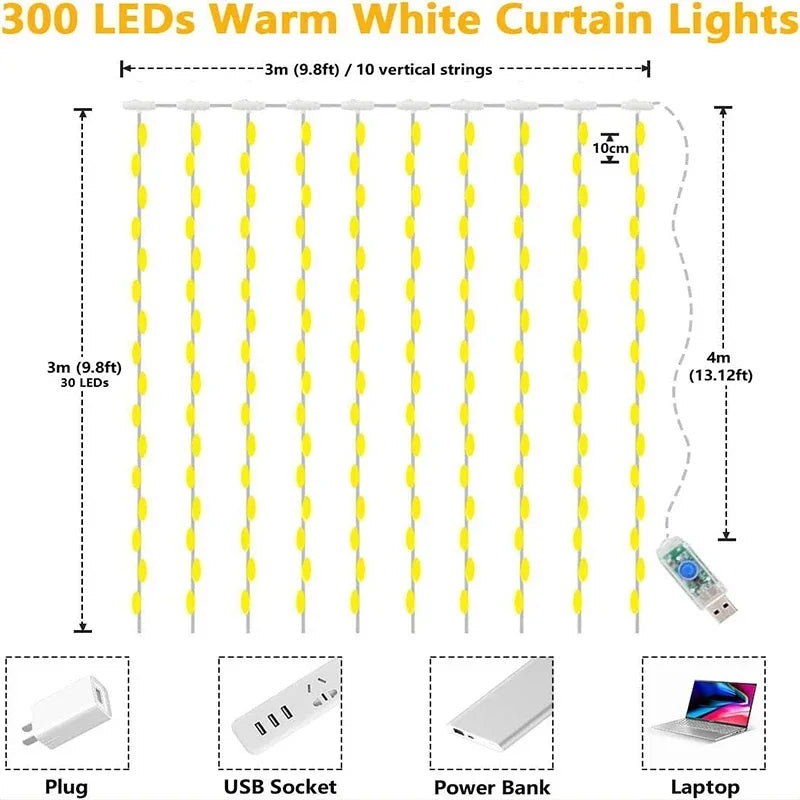 3M LED Curtain String Lights Fairy Decoration USB Holiday Garland Lamp 8 Mode For Home Garden Christmas Party New Year Wedding