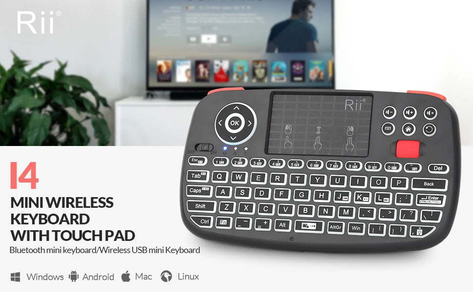 Rii i4 Mini Bluetooth Wireless Keyboard With Touchpad 2.4GHz Backlit Mouse Remote Control For Windows Android TV Box Smart TV