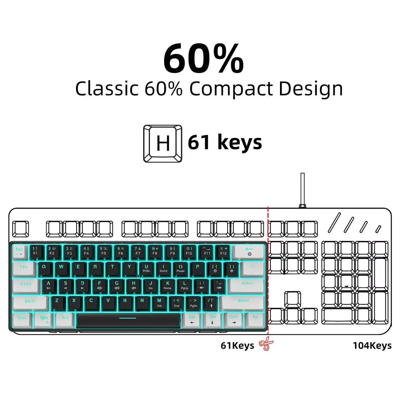 60% Mechanical Keyboard, Gaming Keyboard With Blue Switches And Sea Blue Backlit Small Compact