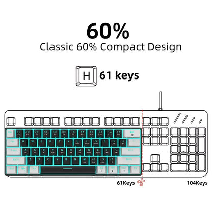 60% Mechanical Keyboard, Gaming Keyboard With Blue Switches And Sea Blue Backlit Small Compact