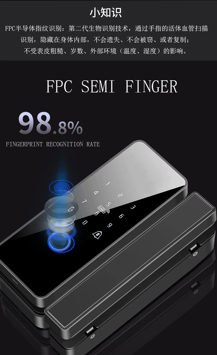 Tuya APP Fingerprint Lock Bluetooth Smart Glass Door Biometric Electronic Control Door Lock 13.56Mhz RFID Remote Unlock
