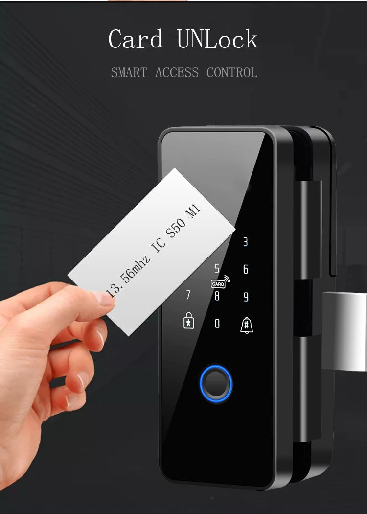 Tuya APP Fingerprint Lock Bluetooth Smart Glass Door Biometric Electronic Control Door Lock 13.56Mhz RFID Remote Unlock