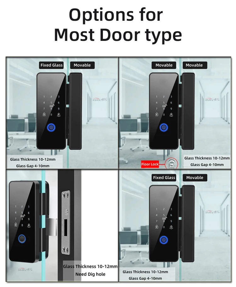 Tuya APP Fingerprint Lock Bluetooth Smart Glass Door Biometric Electronic Control Door Lock 13.56Mhz RFID Remote Unlock