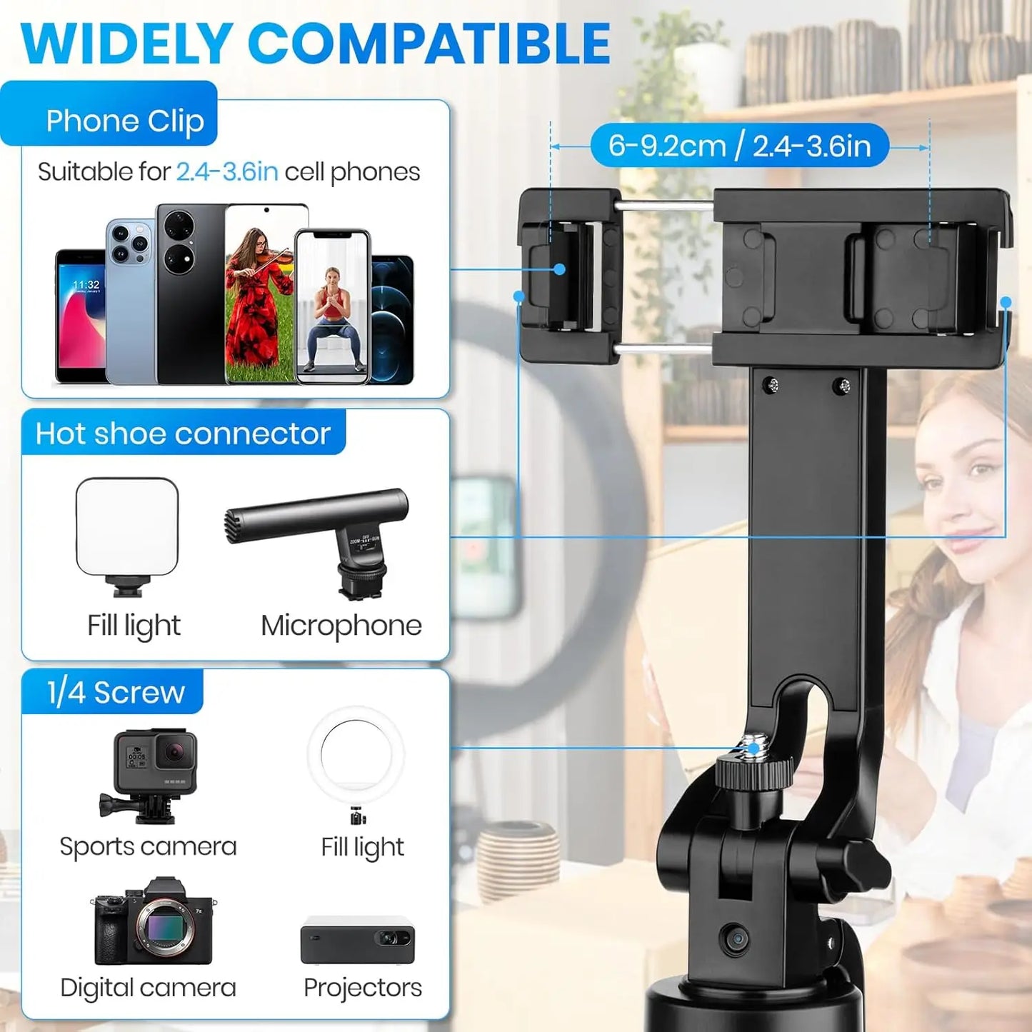 180cm/71in Tall Foldable Tripod, Auto Face Tracking Gimbal Bluetooth Remote Control Selfie Stick, Mobile Phone Bracket for Video