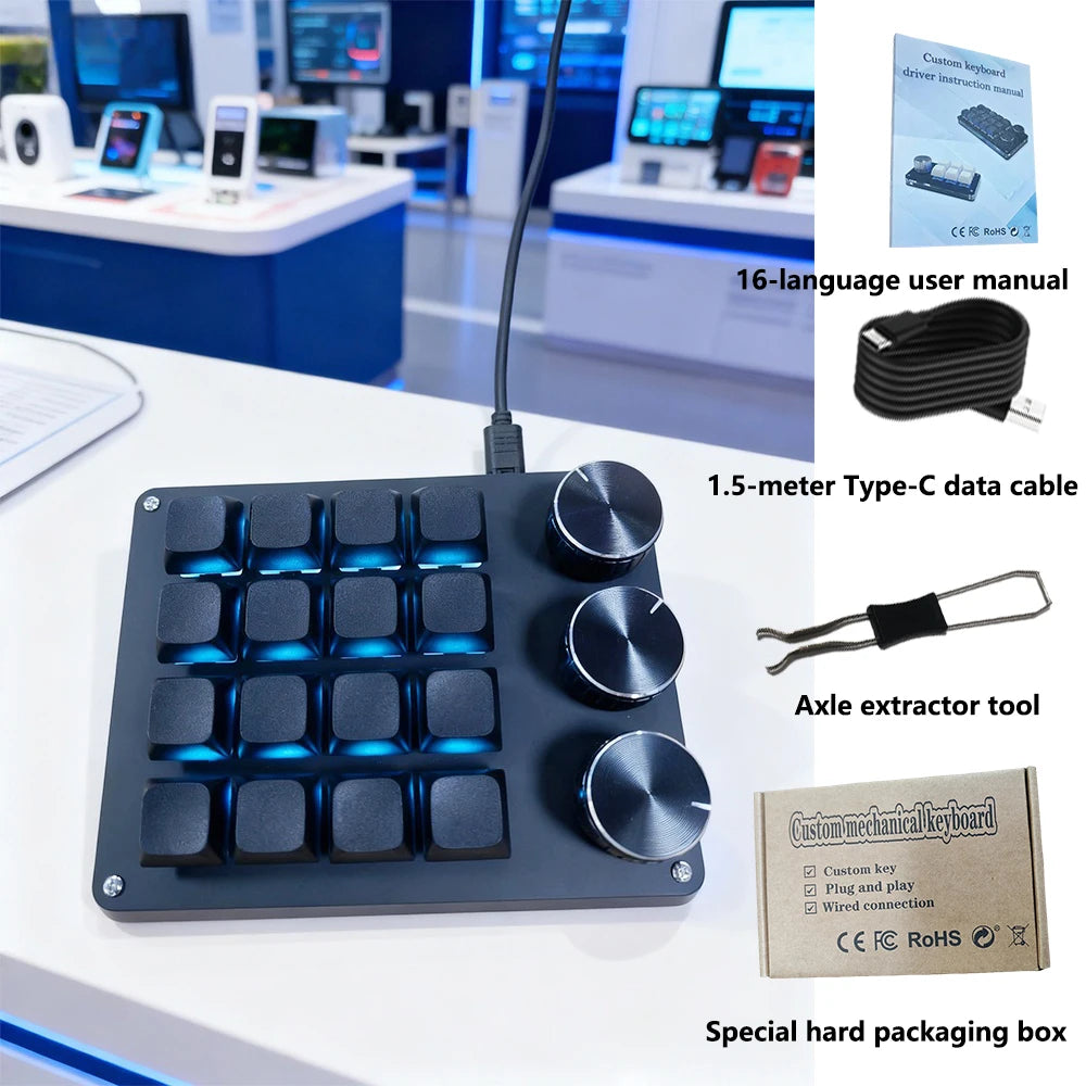 Customizable Mini Keyboard with 3 Rotary Knobs + 16 Keys Multi-Layer Mode Office Design Media Entertainment Financial Work