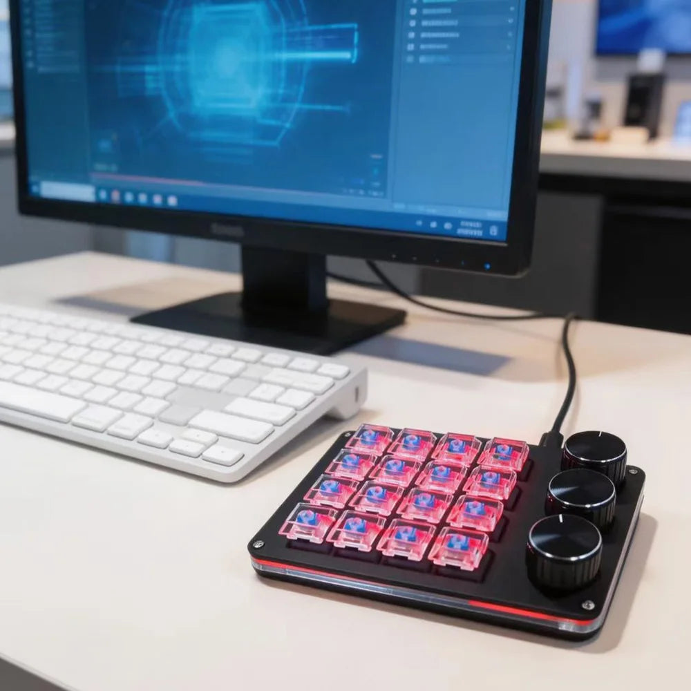 Customizable Mini Keyboard with 3 Rotary Knobs + 16 Keys Multi-Layer Mode Office Design Media Entertainment Financial Work
