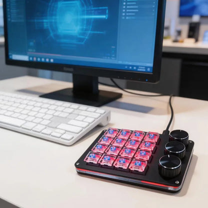 Customizable Mini Keyboard with 3 Rotary Knobs + 16 Keys Multi-Layer Mode Office Design Media Entertainment Financial Work