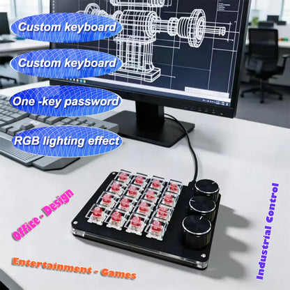 Customizable Mini Keyboard with 3 Rotary Knobs + 16 Keys Multi-Layer Mode Office Design Media Entertainment Financial Work