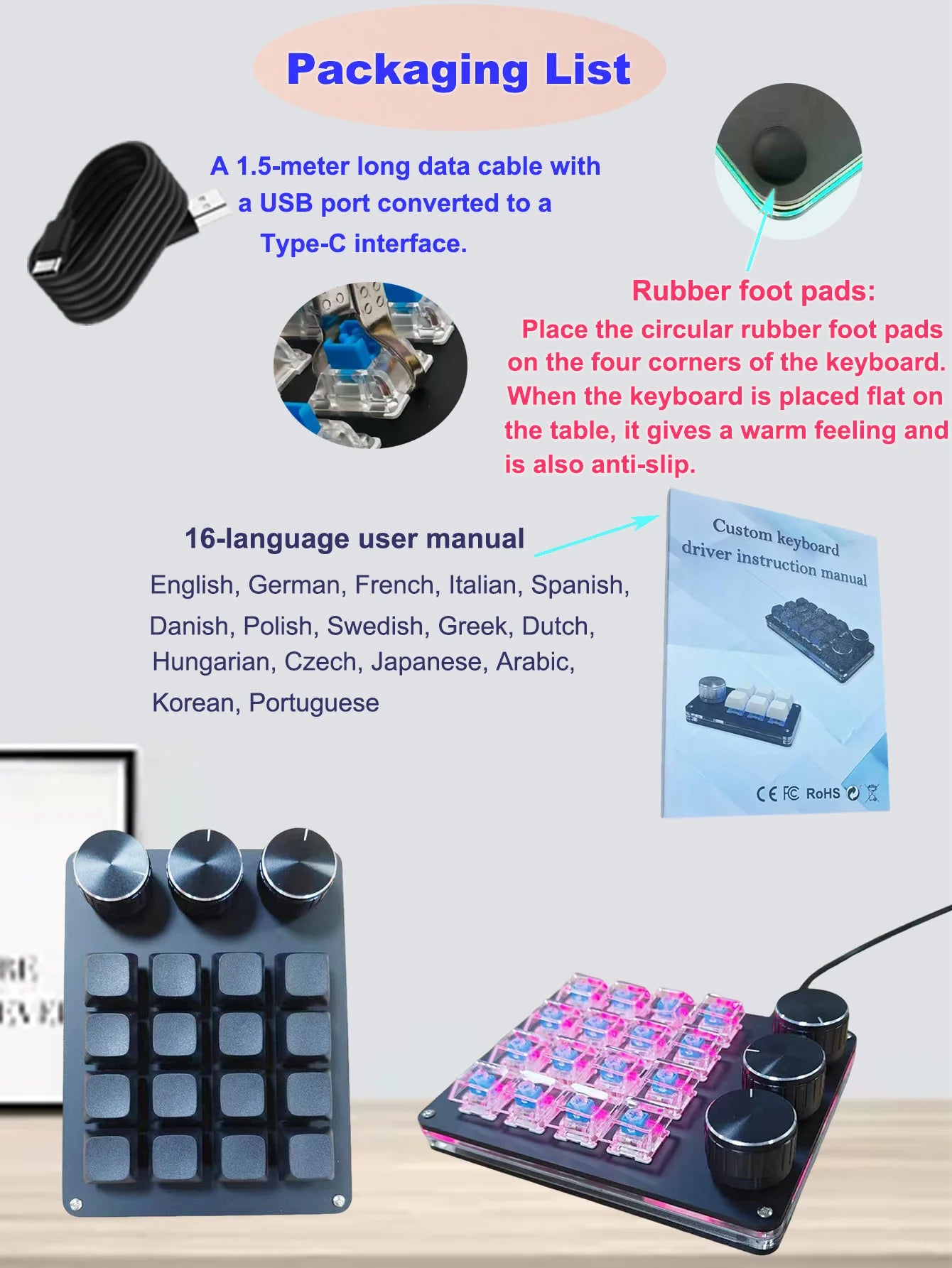 Customizable Mini Keyboard with 3 Rotary Knobs + 16 Keys Multi-Layer Mode Office Design Media Entertainment Financial Work