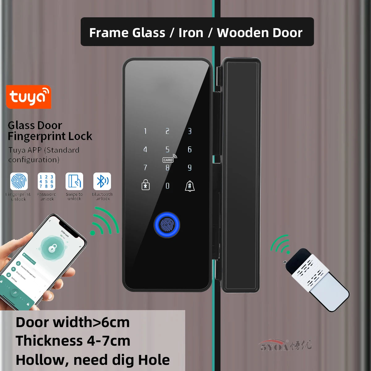 Tuya APP Fingerprint Lock Bluetooth Smart Glass Door Biometric Electronic Control Door Lock 13.56Mhz RFID Remote Unlock