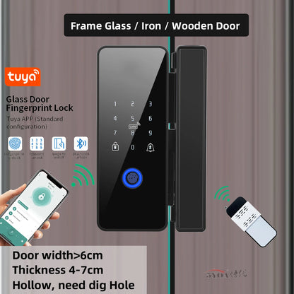 Tuya APP Fingerprint Lock Bluetooth Smart Glass Door Biometric Electronic Control Door Lock 13.56Mhz RFID Remote Unlock
