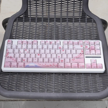 Pink Cherry Blossom Keycap with Side Engraved Translucent PBT 127 Keys Compatible with MX Mechanical Keyboard 61 75 86 104 108