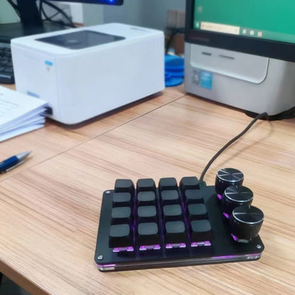 Customizable Mini Keyboard with 3 Rotary Knobs + 16 Keys Multi-Layer Mode Office Design Media Entertainment Financial Work
