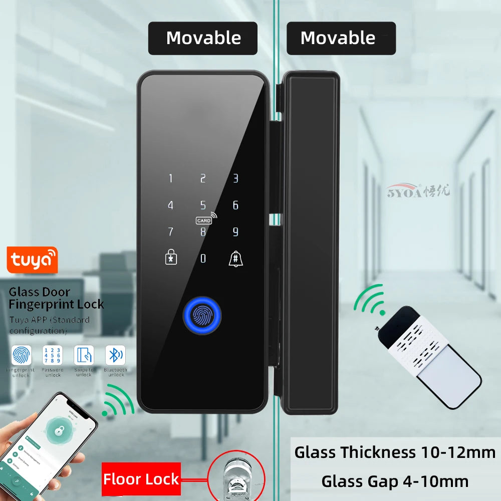 Tuya APP Fingerprint Lock Bluetooth Smart Glass Door Biometric Electronic Control Door Lock 13.56Mhz RFID Remote Unlock