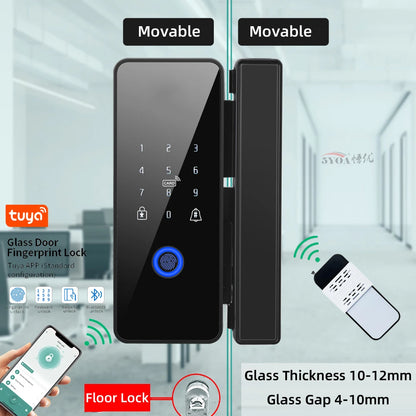 Tuya APP Fingerprint Lock Bluetooth Smart Glass Door Biometric Electronic Control Door Lock 13.56Mhz RFID Remote Unlock