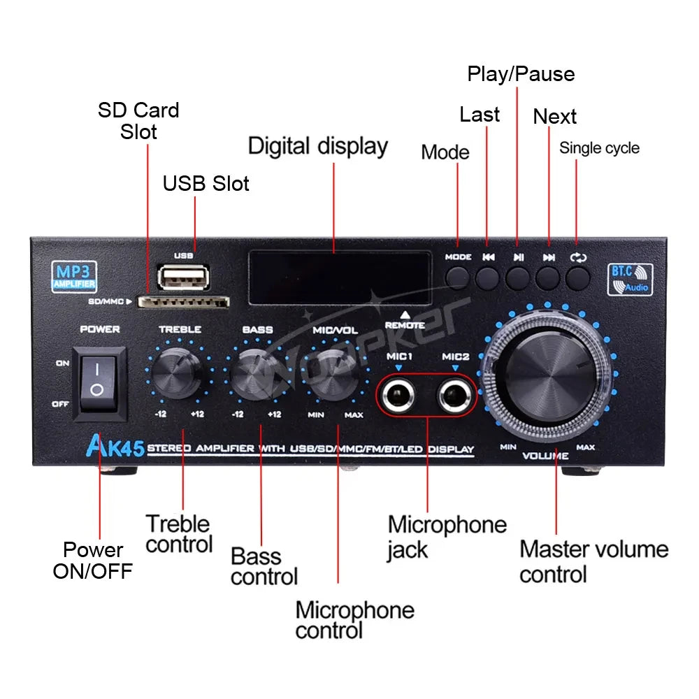 Woopker AK35/AK45/AK45 Pro/AK55 Digital Amplifier Bluetooth Sound Amplifier 2 Channel HIFi FM USB Audio Amp For Home Car Karaoke