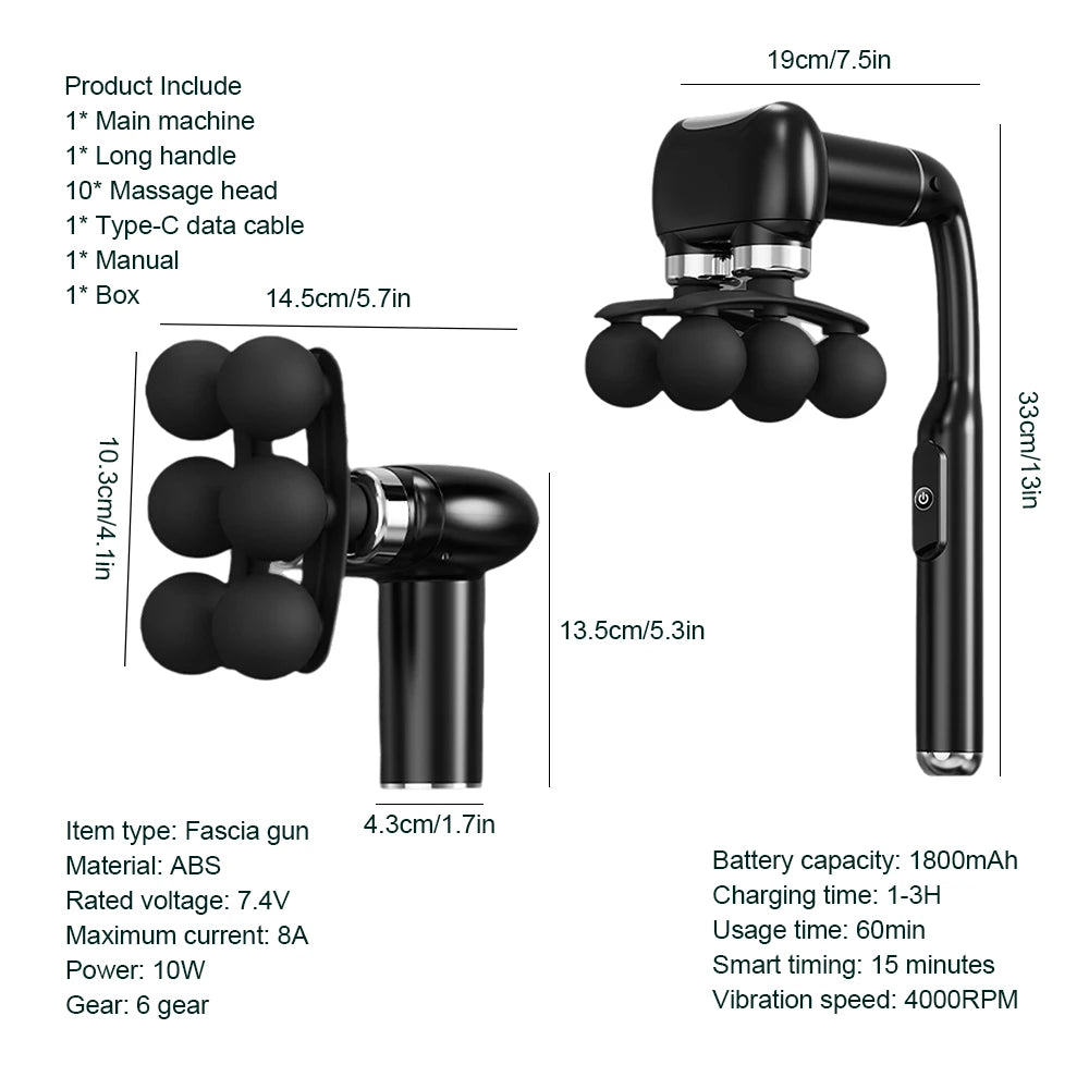6-Heads Handhel Fascia Gun High Frequency Vibration Body Massage Gun Neck Shoulder Waist Back Handle Massager Fascia masajeador