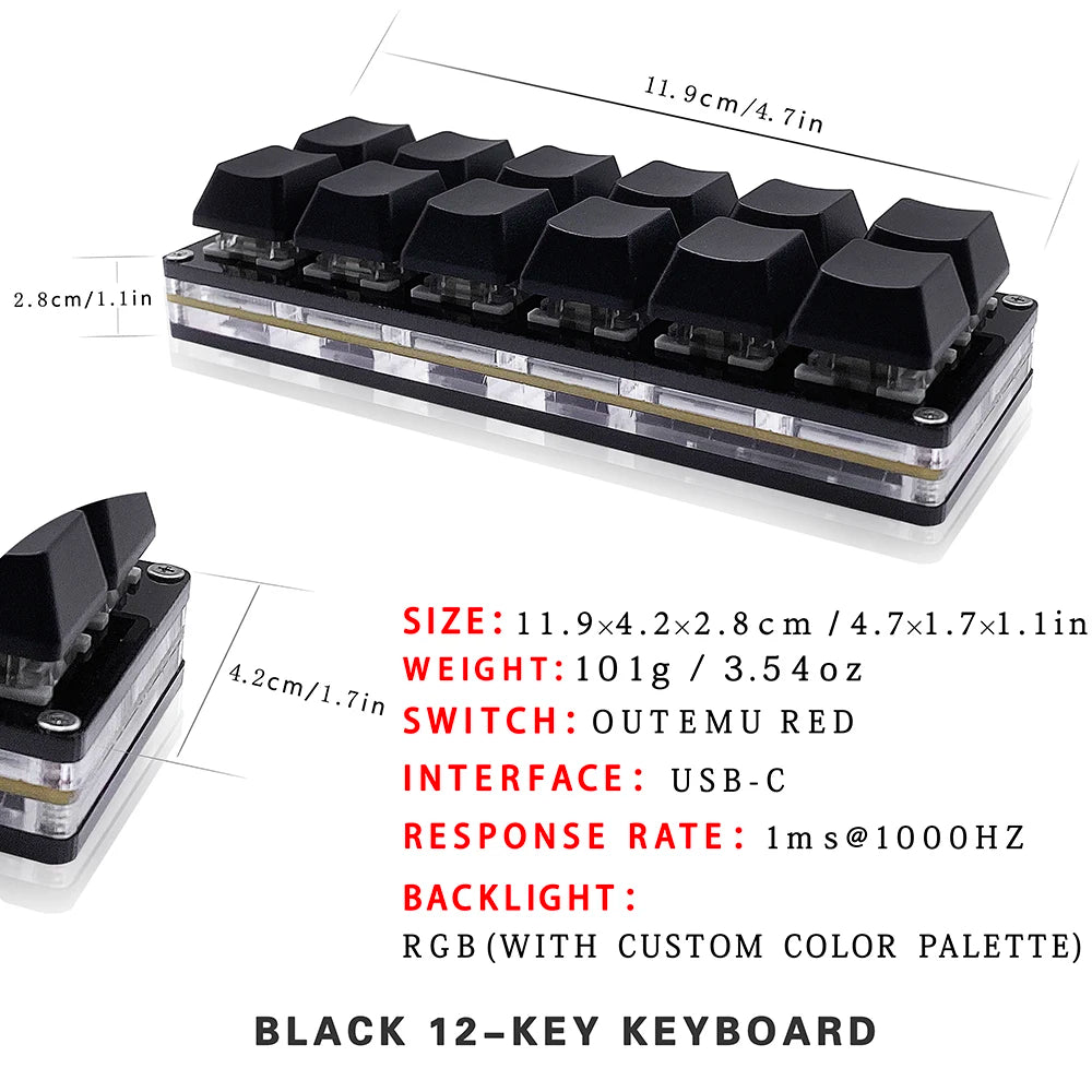 12 Keys Mini Mechanical Gaming Keyboard One Handed Keypad USB-C Wired OSU Keypad Programmable and Hot Swappable Keyboard