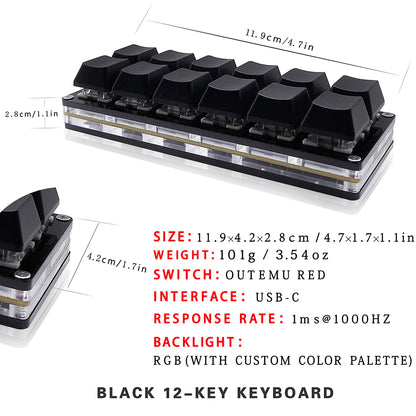 12 Keys Mini Mechanical Gaming Keyboard One Handed Keypad USB-C Wired OSU Keypad Programmable and Hot Swappable Keyboard