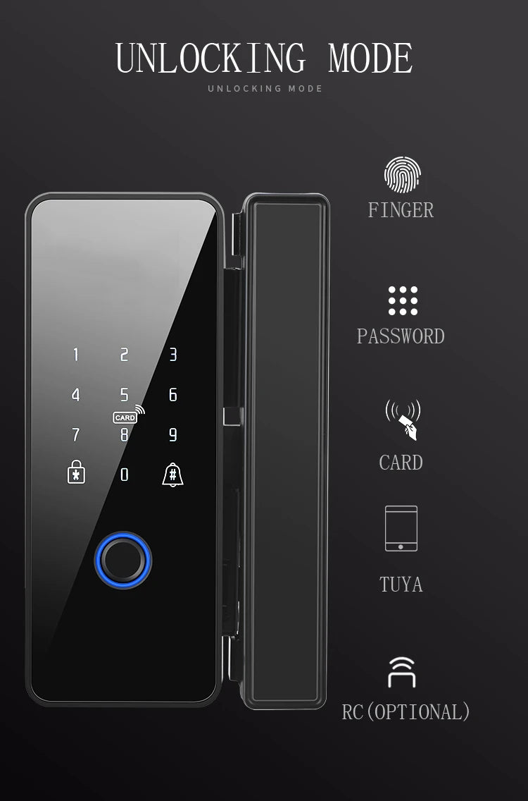 Tuya APP Fingerprint Lock Bluetooth Smart Glass Door Biometric Electronic Control Door Lock 13.56Mhz RFID Remote Unlock