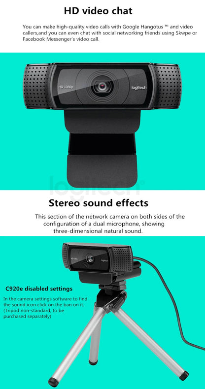 Logitech C920e HD Pro Webcam Widescreen Video Chat Recording USB Smart 1080p Web Camera For Computer C920 Upgrade Version CMOS