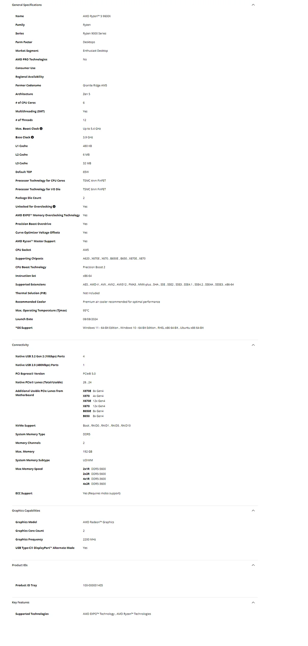 AMD R5 9600X 6-Core 12-Thread CPU NEW RYZEN 5 9600X 5.4GHz 65W TDP 100-000001405 Desktop gaming CPU No Fan