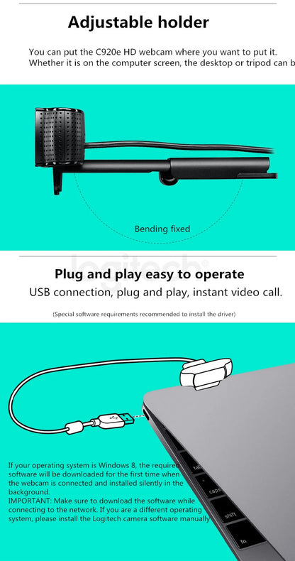 Logitech C920e HD Pro Webcam Widescreen Video Chat Recording USB Smart 1080p Web Camera For Computer C920 Upgrade Version CMOS