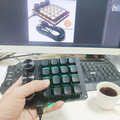 Customizable Mini Keyboard with 3 Rotary Knobs + 16 Keys Multi-Layer Mode Office Design Media Entertainment Financial Work