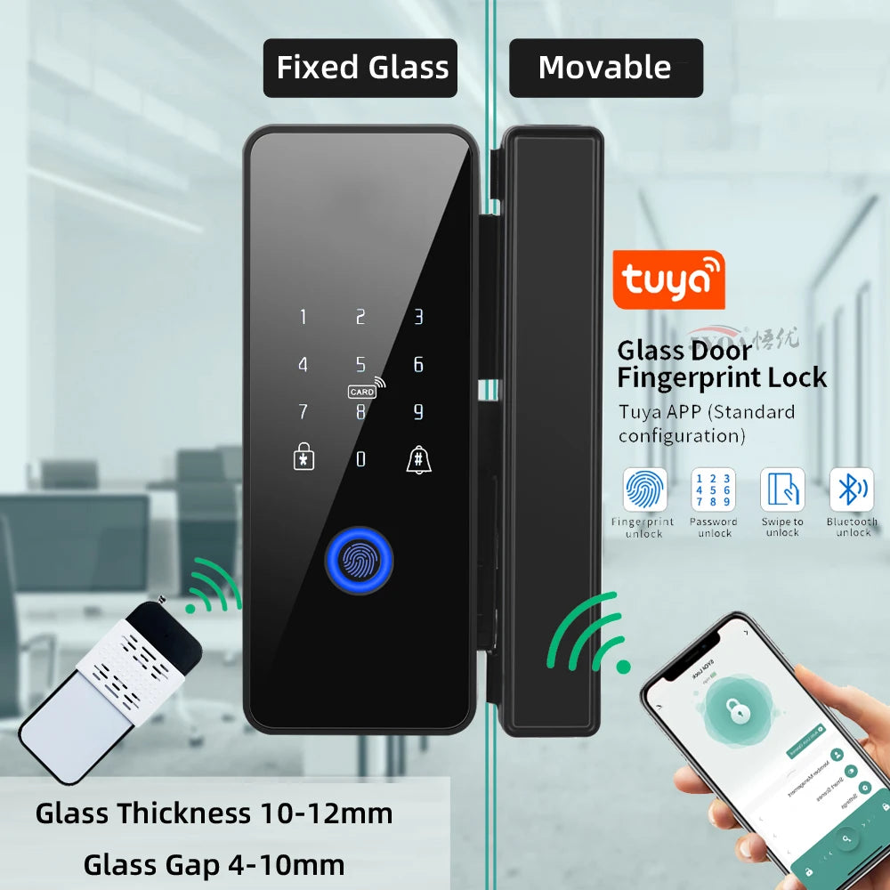 Tuya APP Fingerprint Lock Bluetooth Smart Glass Door Biometric Electronic Control Door Lock 13.56Mhz RFID Remote Unlock