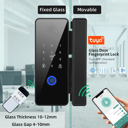 Tuya APP Fingerprint Lock Bluetooth Smart Glass Door Biometric Electronic Control Door Lock 13.56Mhz RFID Remote Unlock