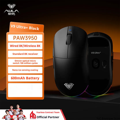 Aula V9 Ultra Wireless Gaming Mouse Custom Esports Design Dual 8K 3 Mode PAW3950 Sensor 55g Lightweight Ergonomic Accessory