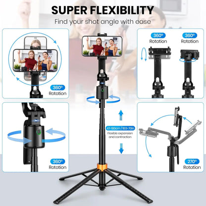 180cm/71in Tall Foldable Tripod, Auto Face Tracking Gimbal Bluetooth Remote Control Selfie Stick, Mobile Phone Bracket for Video