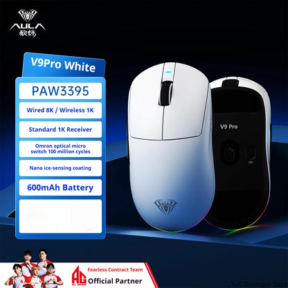 Aula V9 Ultra Wireless Gaming Mouse Custom Esports Design Dual 8K 3 Mode PAW3950 Sensor 55g Lightweight Ergonomic Accessory