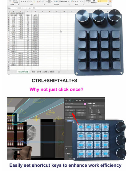 Customizable Mini Keyboard with 3 Rotary Knobs + 16 Keys Multi-Layer Mode Office Design Media Entertainment Financial Work