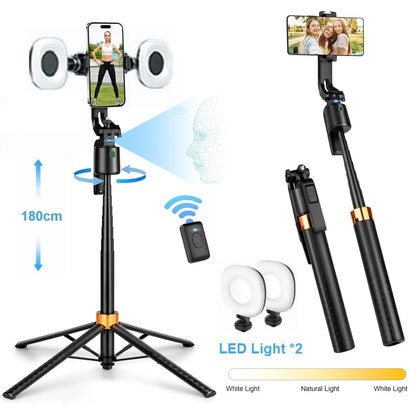 180cm/71in Tall Foldable Tripod, Auto Face Tracking Gimbal Bluetooth Remote Control Selfie Stick, Mobile Phone Bracket for Video