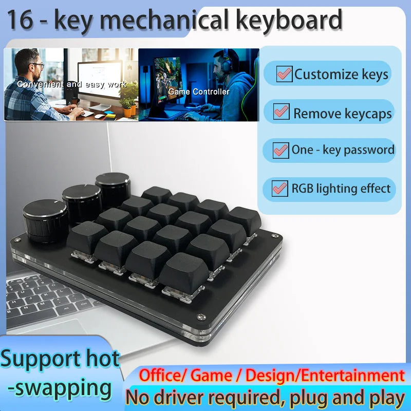 Customizable Mini Keyboard with 3 Rotary Knobs + 16 Keys Multi-Layer Mode Office Design Media Entertainment Financial Work
