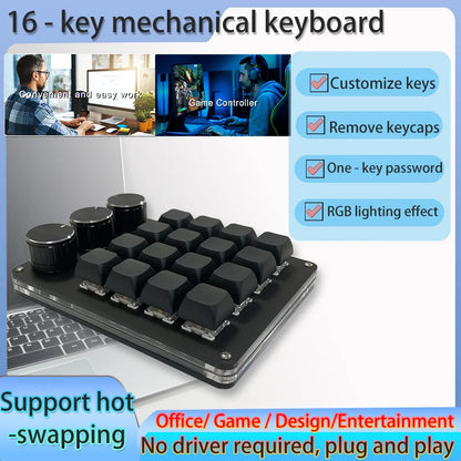 Customizable Mini Keyboard with 3 Rotary Knobs + 16 Keys Multi-Layer Mode Office Design Media Entertainment Financial Work