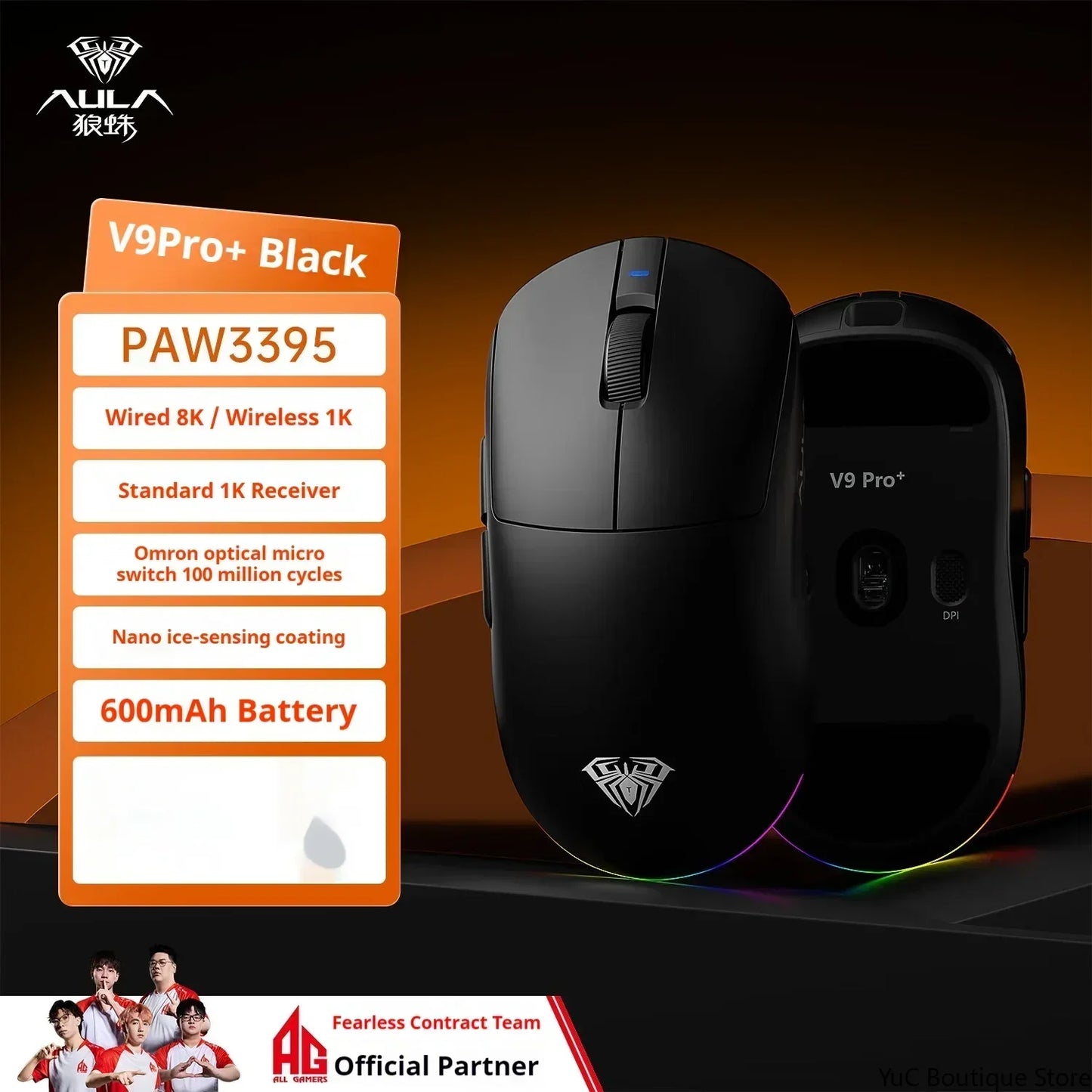 Aula V9 Ultra Wireless Gaming Mouse Custom Esports Design Dual 8K 3 Mode PAW3950 Sensor 55g Lightweight Ergonomic Accessory