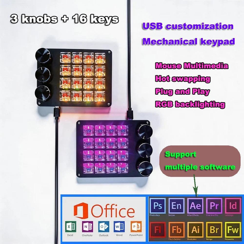 Customizable Mini Keyboard with 3 Rotary Knobs + 16 Keys Multi-Layer Mode Office Design Media Entertainment Financial Work